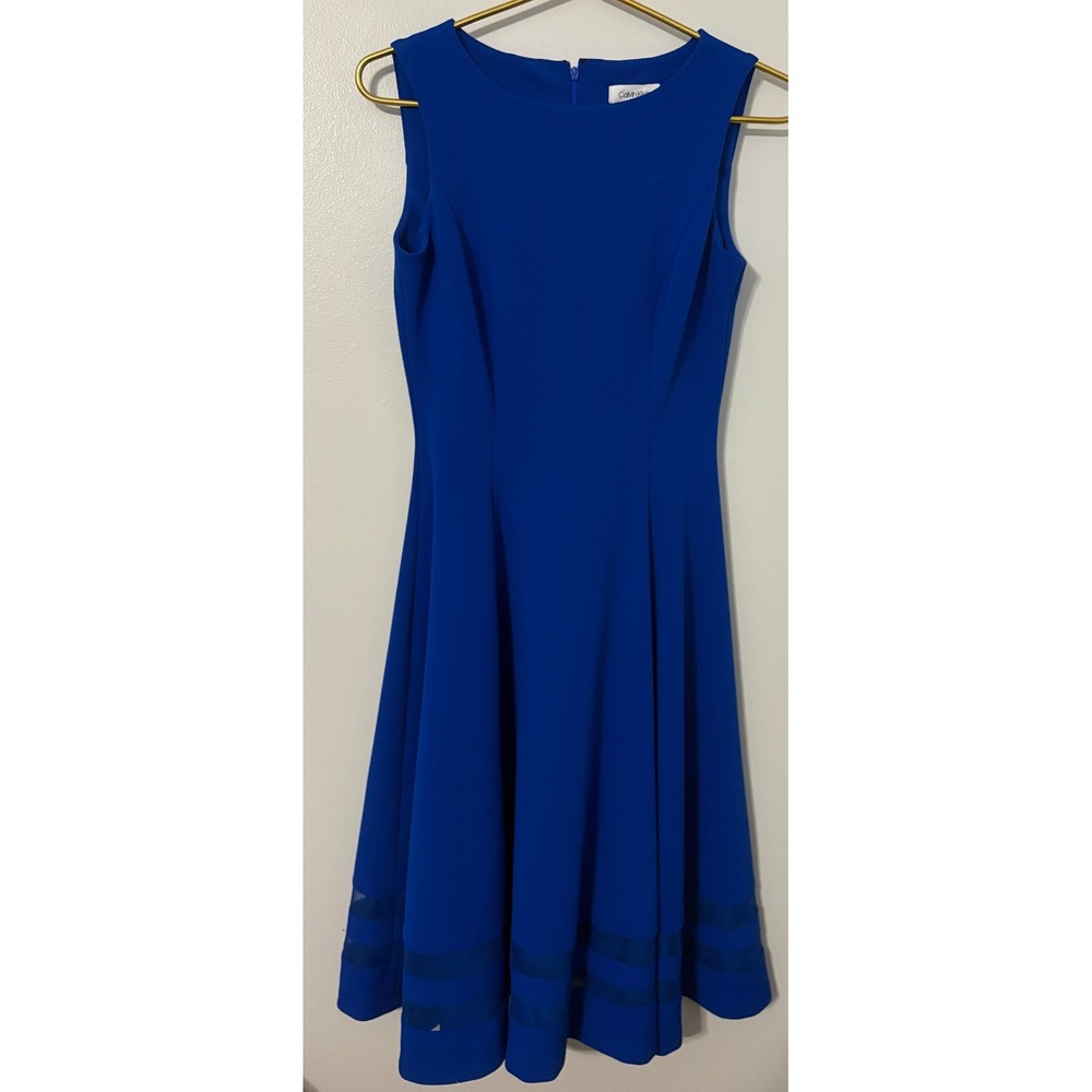 Calvin Klein Royal Blue Mesh Hem Fit and Flare Dress Size 2 Sleeveless Cocktail